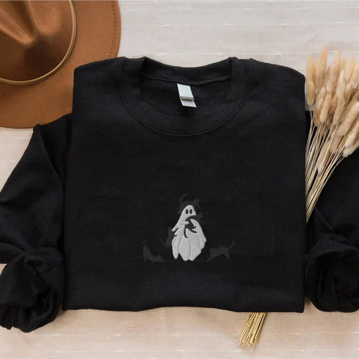 Ghost Cats Halloween Embroidered Sweatshirt