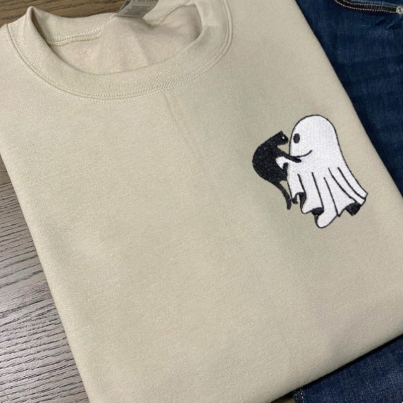 Halloween Embroidered Cat Ghost Sweatshirt